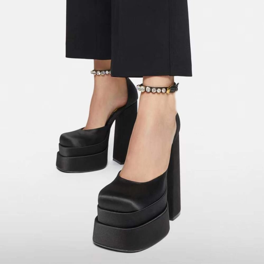 Black Satin Rhinestone Platform Mary Janes Heels Pumps Aevitas